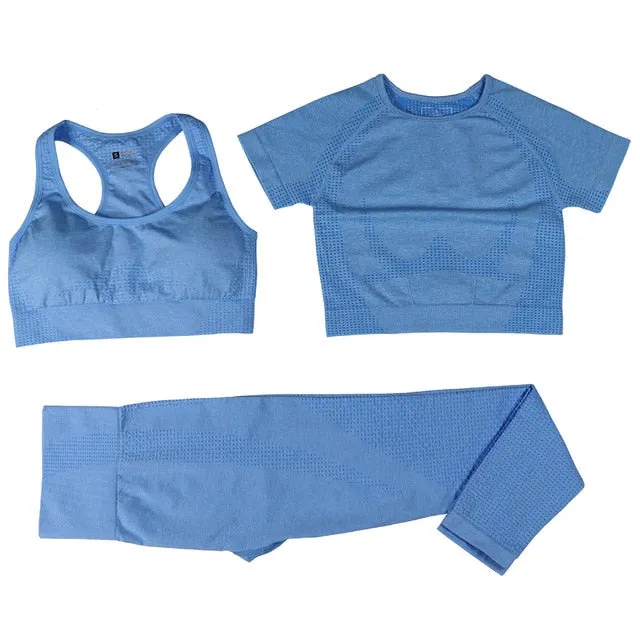 3 Piece Ladies Seamless Vital Yoga Workout Sport Pants Bra Gym Short Crop Top High Waist Running Leggings Sports Set