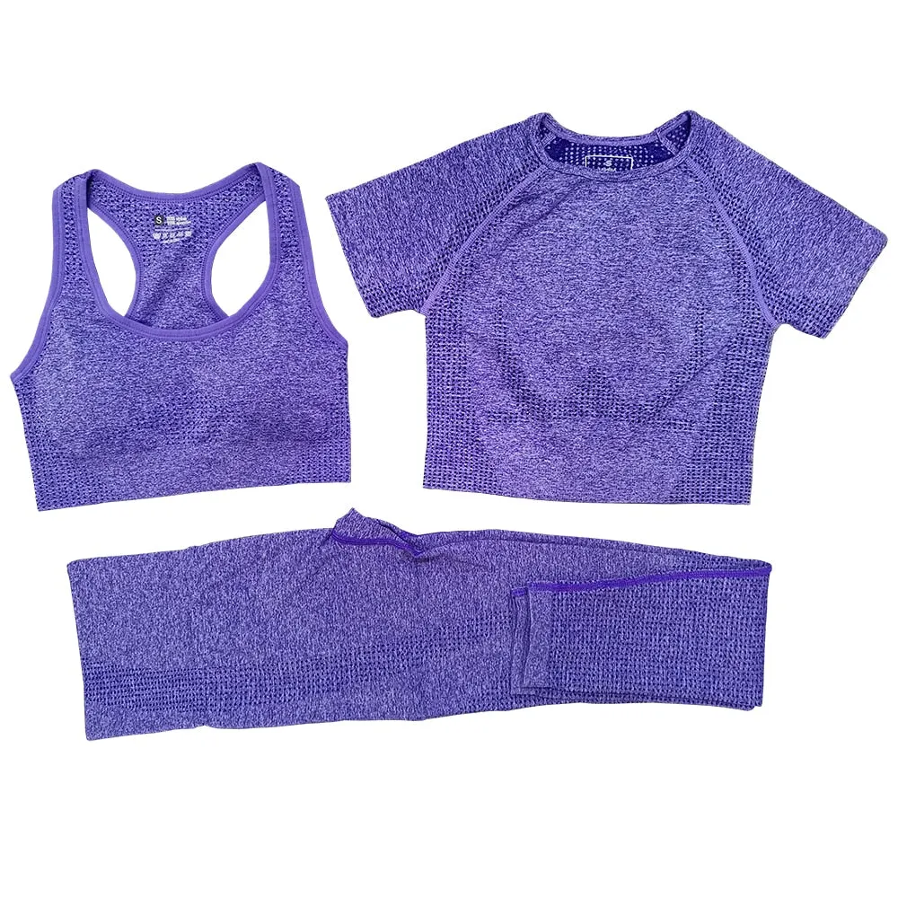 3 Piece Ladies Seamless Vital Yoga Workout Sport Pants Bra Gym Short Crop Top High Waist Running Leggings Sports Set