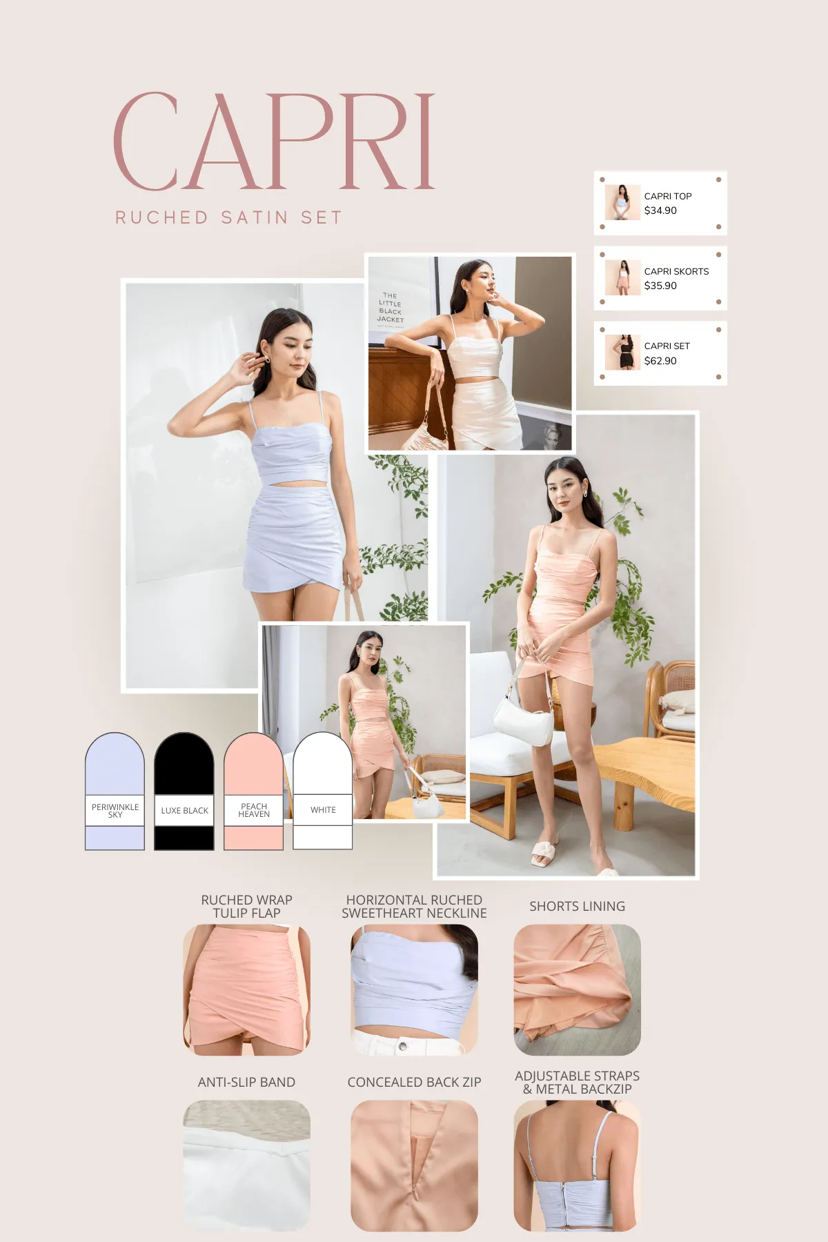 CAPRI RUCHED SATIN SKORTS IN PEACH HEAVEN