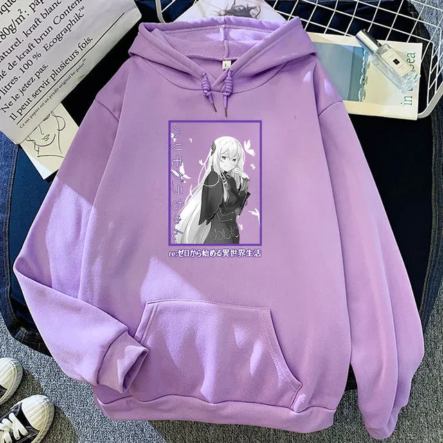 Japan Anime Re ZERO Starting Life In Another World Emilia Hoodies Manga Casual Hooded Sweatshirt