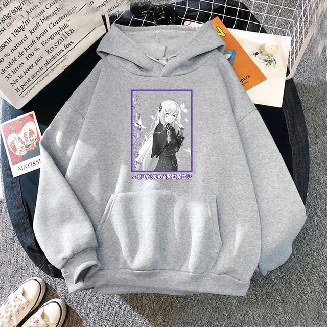 Japan Anime Re ZERO Starting Life In Another World Emilia Hoodies Manga Casual Hooded Sweatshirt