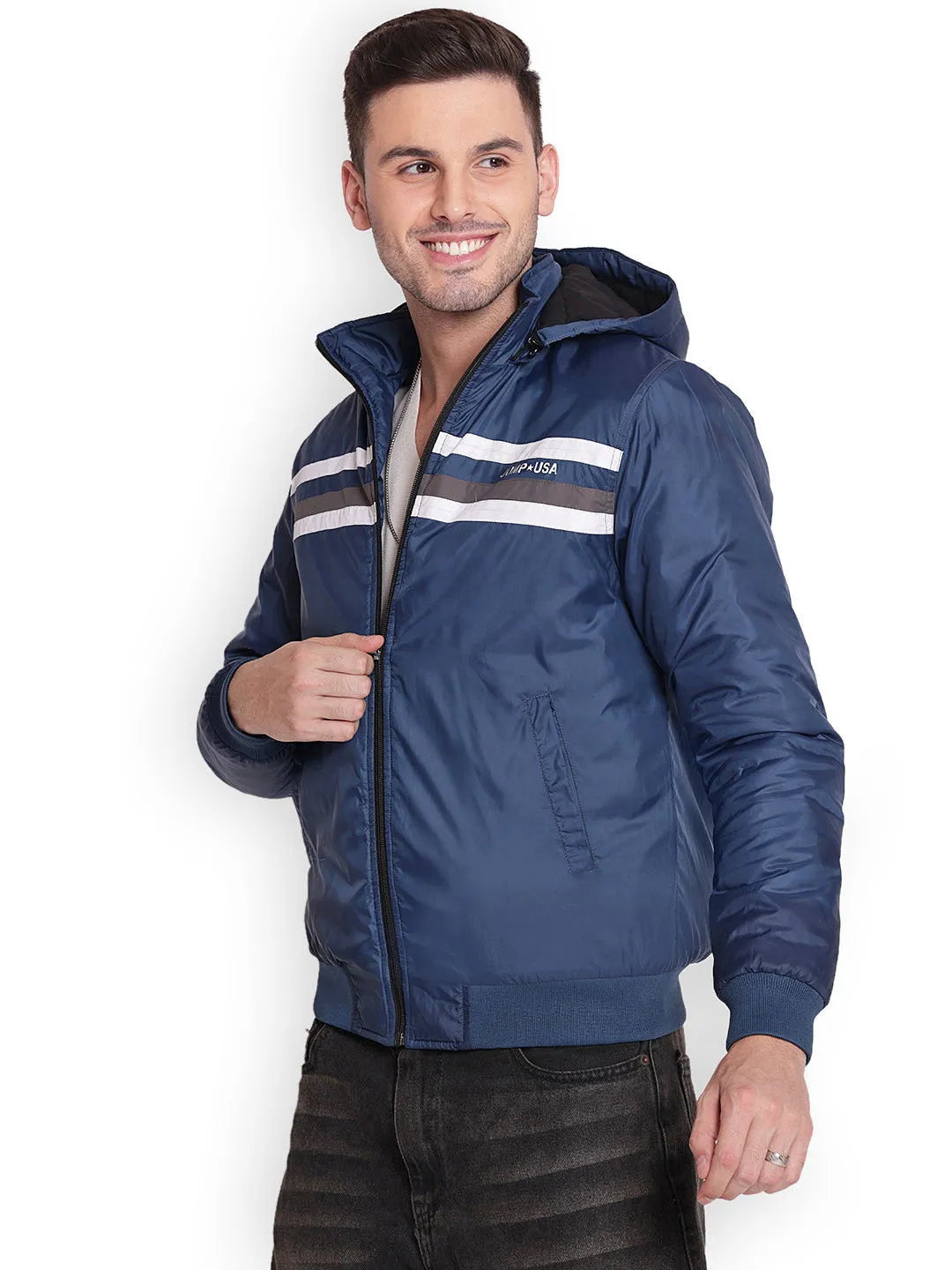 JUMP USA Men DENIM BLUE Rapid-Dry Solid Sporty Jackets With Hood