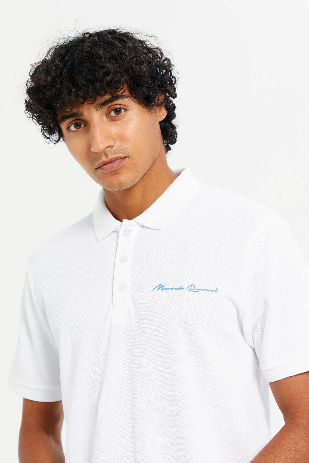 Men White Sports Varsity Polo Shirt