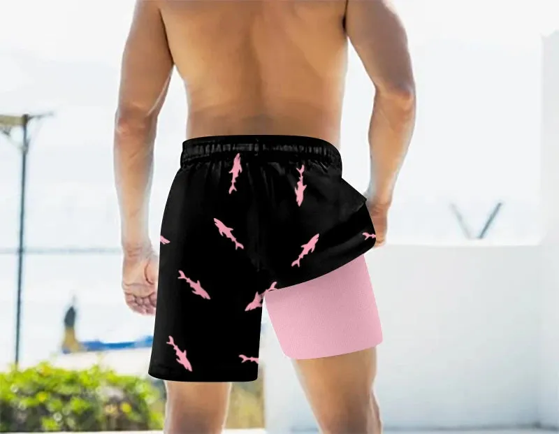Men's Sharks Print Drawstring Shorts with Pockets