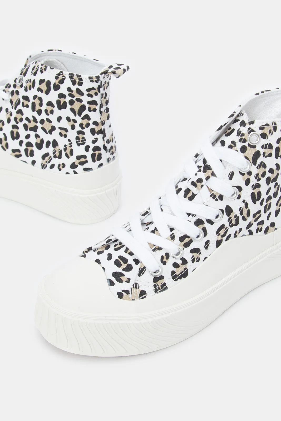 Women White Animal Print Hightop Shoes
