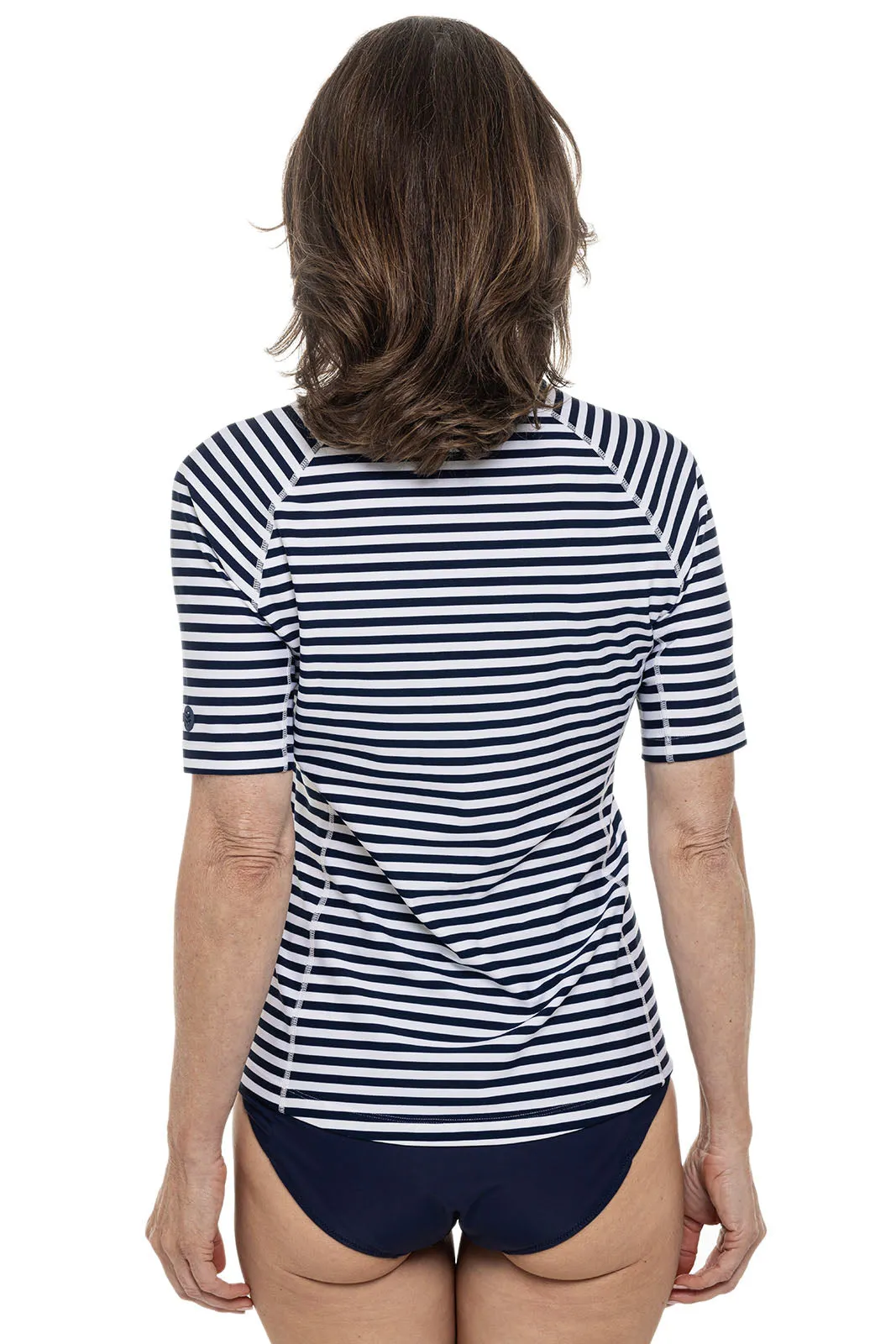 Women's Hightide Short Sleeve Swim Shirt  |  White/Navy Stripe